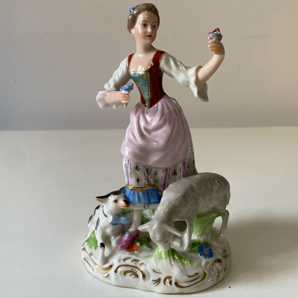 Vintage Dresden Porcelain Figurine by Martha Budich - Woman with Sheep and Dog